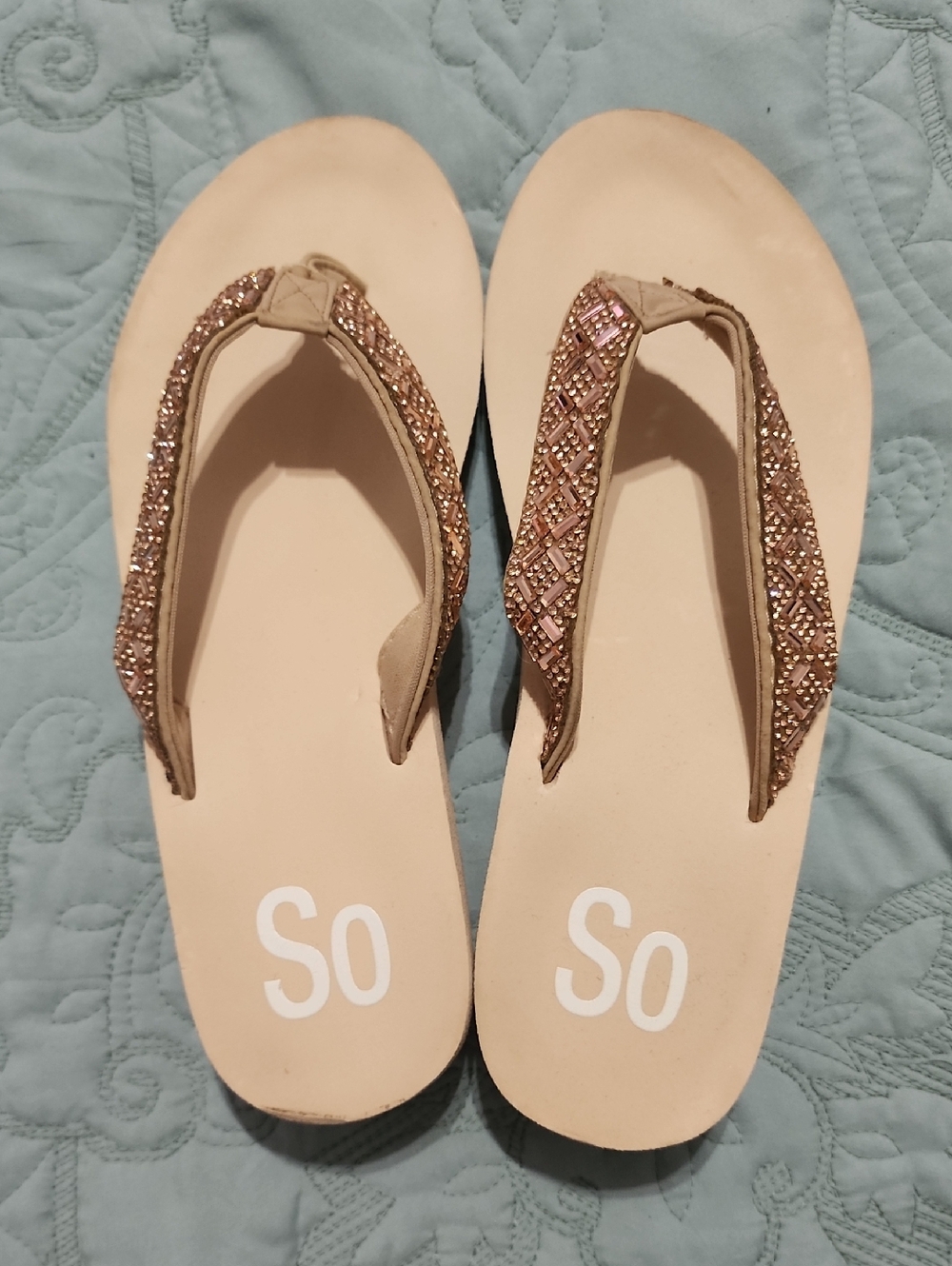 SO Beaded Tan and Rose Gold Thong Sandals